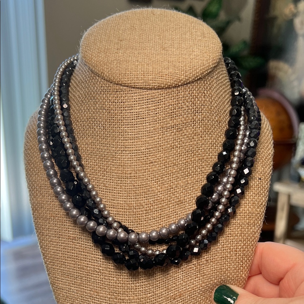 Vintage Multi-Strand Glass Black Grey Faux Pearl Beaded Necklace with Box Clasp